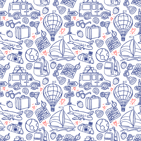 seamless background of travel icons. airplane, car, ship. hand-drawn illustrationのイラスト素材
