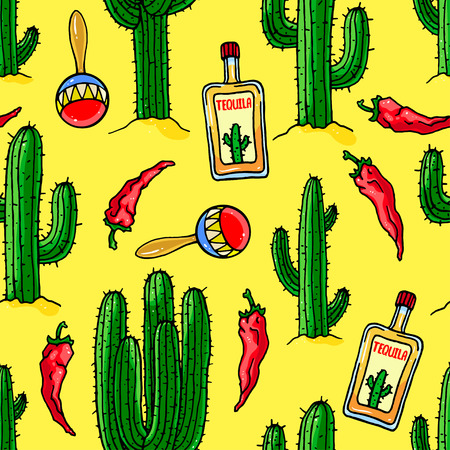 seamless mexican colorful  background of cactuses, bottles of tequila and maracas. hand-drawn illustrationのイラスト素材
