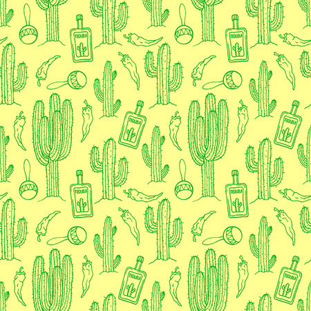 seamless mexican background of cactuses, bottles of tequila and maracas. hand-drawn illustrationのイラスト素材
