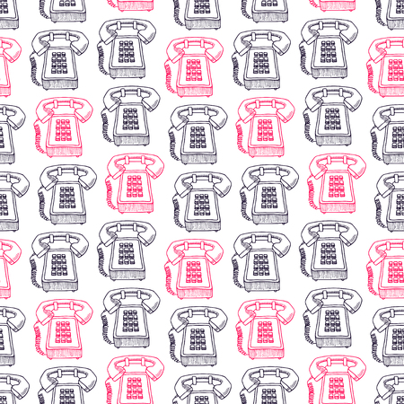 cute seamless background of sketch pink and black vintage phones. hand-drawn illustrationのイラスト素材