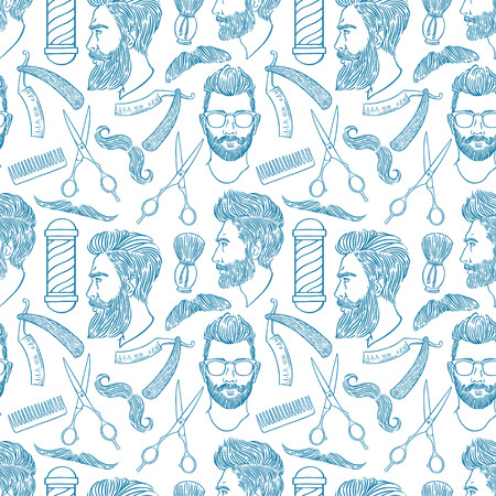 barber shop. seamless background of hairdressing accessories and bearded men. hand-drawn illustrationのイラスト素材