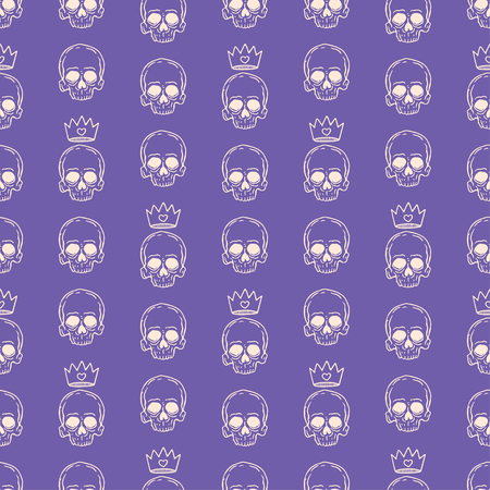 cute seamless purple pattern with skulls and crowns. hand-drawn illustrationのイラスト素材