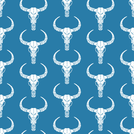 cute seamless pattern of white skulls bull on a blue backgroundのイラスト素材