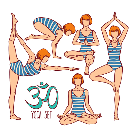 women's yoga. a collection of poses in yoga. hand-drawn illustrationのイラスト素材