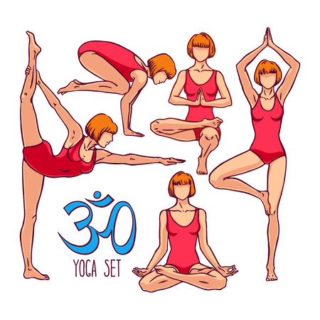 women's yoga. a collection of poses in yoga. hand-drawn illustrationのイラスト素材