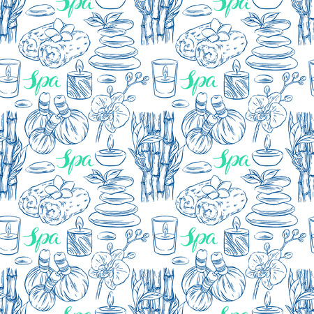 Beautiful seamless background of sketch spa accessories. hand-drawn illustrationのイラスト素材