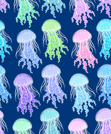 Beautiful seamless background of multi-colored jellyfish on a dark blue background. hand-drawn illustrationのイラスト素材
