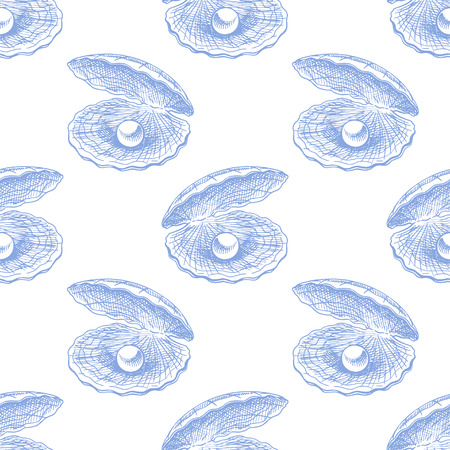 beautiful seamless pattern of seashells with pearls. hand drawn illustrationのイラスト素材