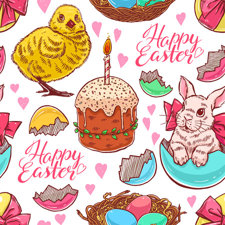 Happy easter. Beautiful seamless Easter background with rabbits and chickens. hand-drawn illustrationのイラスト素材