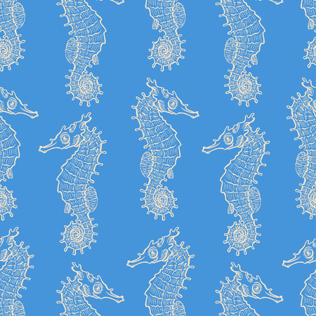 beautiful seamless pattern of sketch cute seahorses on a blue background. hand-drawn illustrationのイラスト素材
