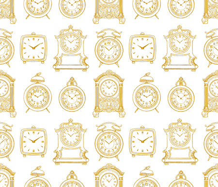 cute seamless background of sketch vintage clock. hand-drawn illustrationのイラスト素材