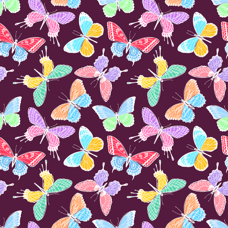Beautiful seamless background of multicolored butterflies on a dark background. Hand-drawn illustrationのイラスト素材