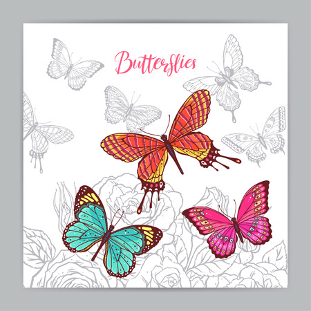 Beautiful background of colorful butterflies and roses. hand-drawn illustrationのイラスト素材