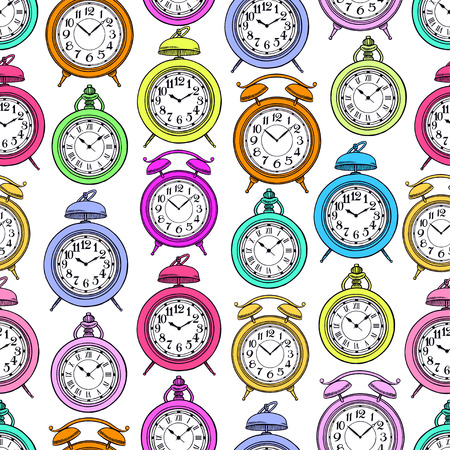 Cute seamless background of varicoloured vintage clock. hand-drawn illustrationのイラスト素材