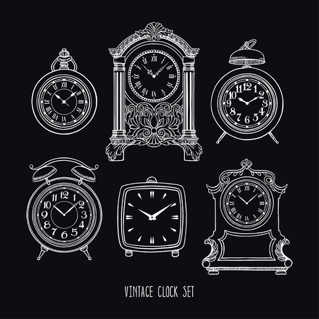 Set of sketch beautiful vintage clock. hand-drawn illustration.のイラスト素材