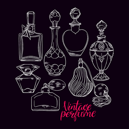 Beautiful set with a variety of sketch womens perfume bottles. hand-drawn illustration.のイラスト素材