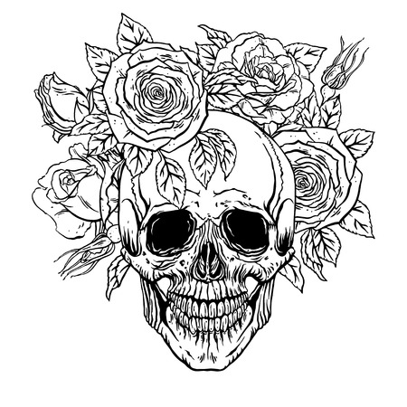 hand drawn illustration of anatomy human skull with a lower jaw and roses wreathのイラスト素材
