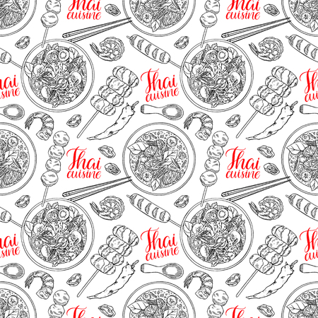 seamless background of thai cuisine. Tom Yum kung, Green curry, shrimps and chili. hand drawn illustrationのイラスト素材