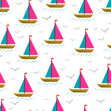 cute seamless background of sailing ships and gullsのイラスト素材