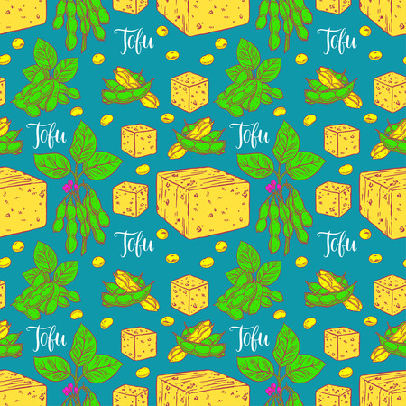 Cute seamless background of soybeans and tofu, hand-drawn illustration.のイラスト素材