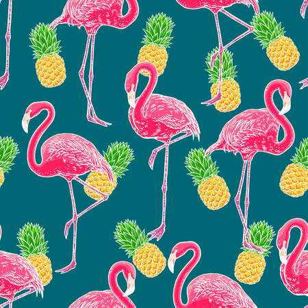 Beautiful seamless pattern of pink hand-drawn flamingos and ripe pineapplesのイラスト素材