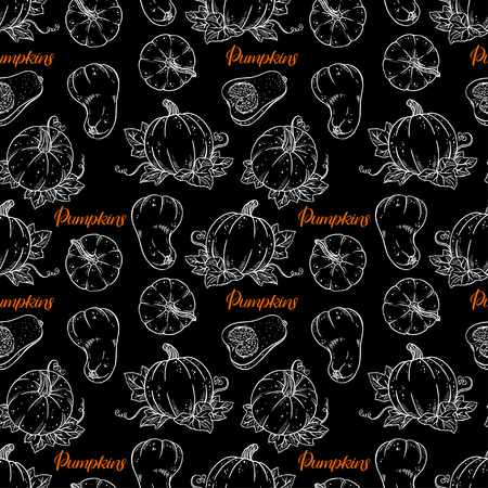 Cute seamless background of different pumpkins. Hand-drawn illustrationのイラスト素材