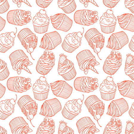 Seamless background of yummy cute cupcakes. Hand-drawn illustrationのイラスト素材