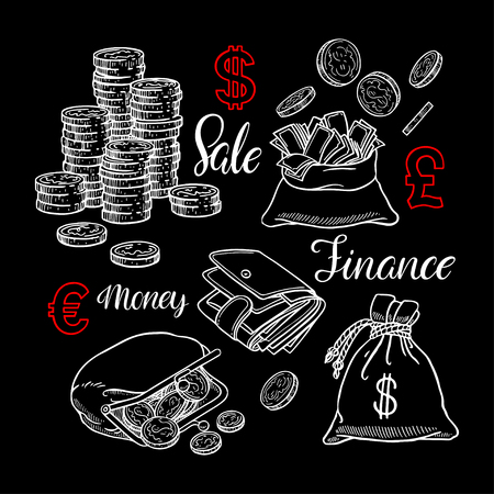 Cute set of coin, money, finance. Hand-drawn illustrationのイラスト素材