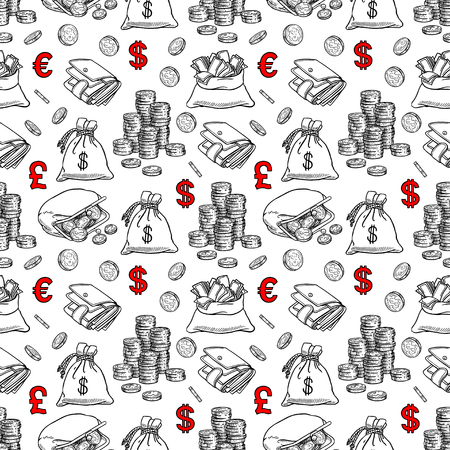 Seamless background of coin, money, finance. Hand-drawn illustrationのイラスト素材