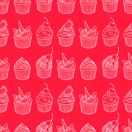 Seamless background of yummy cute cupcakes. Hand-drawn illustrationのイラスト素材