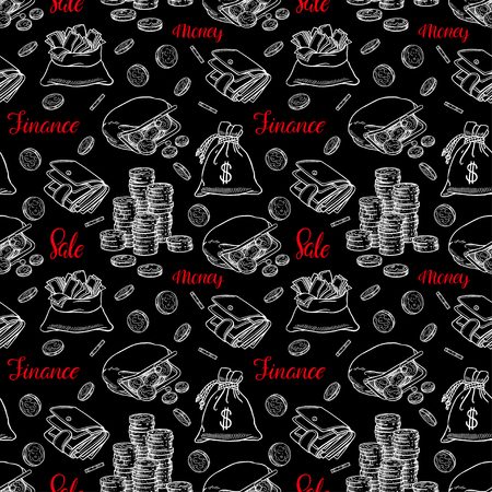 Seamless background of coin, money, finance. Hand-drawn illustrationのイラスト素材