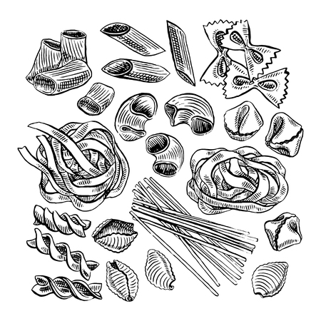 cute set of various kinds of pasta. hand-drawn illustrationのイラスト素材