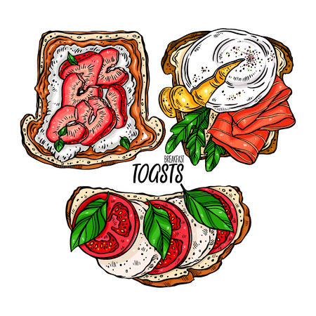 set of delicious breakfast toasts with different ingredients. hand drawn illustrationのイラスト素材
