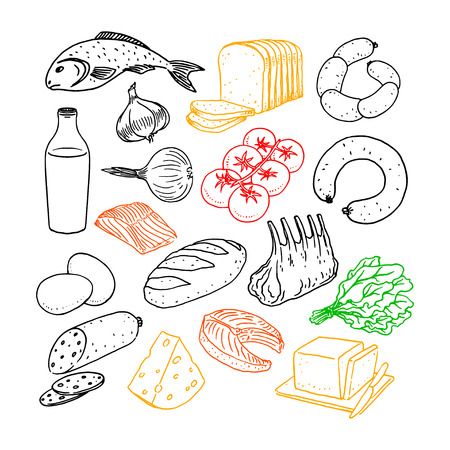 Collection of different products. hand-drawn illustrationのイラスト素材