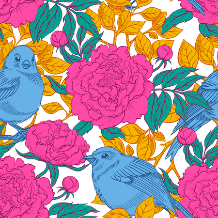 Beautiful retro seamless pattern of birds and blooming peoniesのイラスト素材