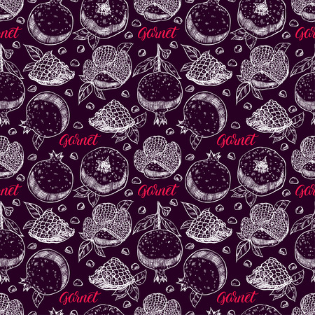 Fresh pomegranates hand drawn background. seamless pattern with ripe fruitsのイラスト素材