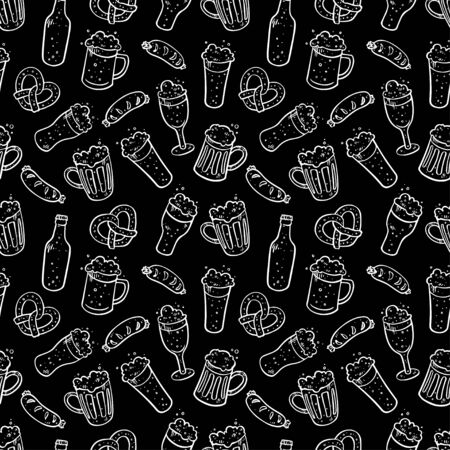 Seamless background of different beer. Hand drawn illustrationsのイラスト素材