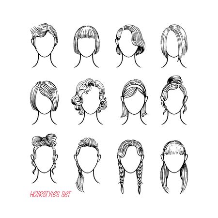 Set of different female hairstyles. Hand drawn illustrationのイラスト素材