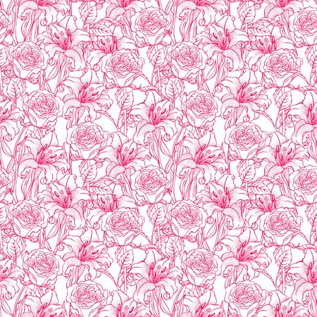 Seamless pattern with roses and lilies. Hand drawn illustrationのイラスト素材