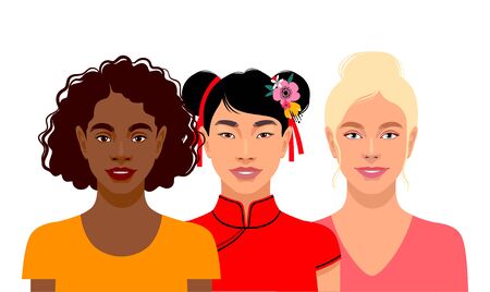 Three young women with different skin colors. Vector iilustrationのイラスト素材