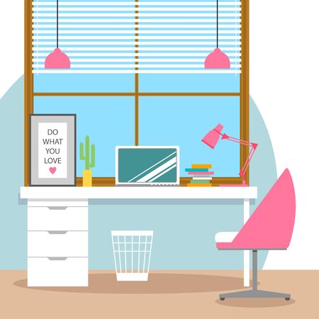 Flat design style illustration of modern home office workspace. Working on computer. Vector illustrationのイラスト素材