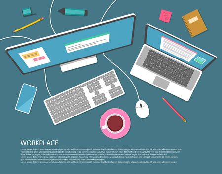 Flat design style. Work on computer. Workplace top view. Vector illustrationのイラスト素材