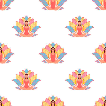 Seamless pattern of Young woman practicing yoga in lotus pose on lotus flower backgroundのイラスト素材