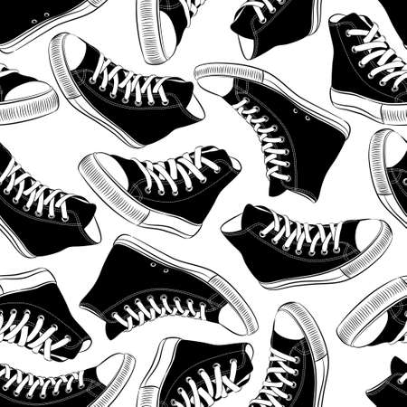 seamless pattern with vintage black and white sneakersのイラスト素材