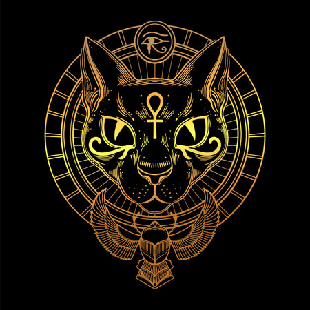 Golden Egyptian goddess cat Bastet with sacred symbols of ankh and scarab. Vector illustrationのイラスト素材