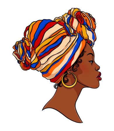 Portrait of a young African American woman wearing Traditional Headdress. Vector illustration.のイラスト素材