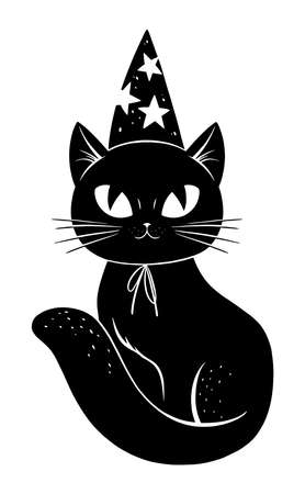 Cute black Halloween cat with magic hat. Vector illustrationのイラスト素材