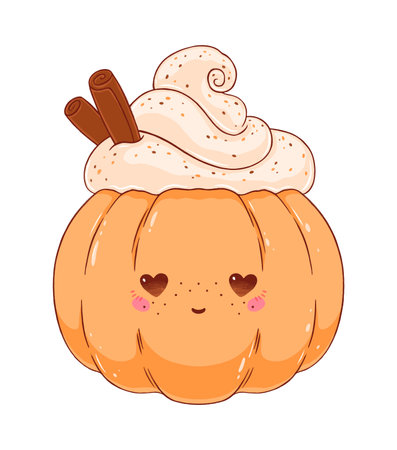 Cute kawaii pumpkin coffee. Vector autumn illustrationのイラスト素材