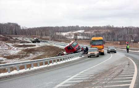 Novosibirsk, Russia. October 19, 2019. Traffic accident, truck accident. MAN truck drove off the...