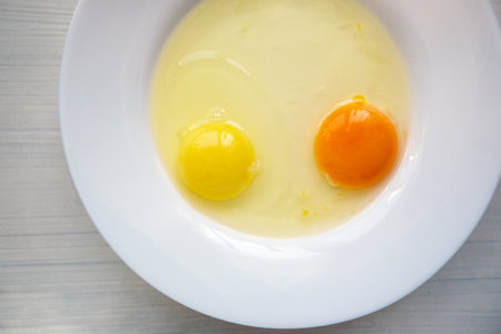 Raw eggs in a white plate. Yolks of different colorsの写真素材